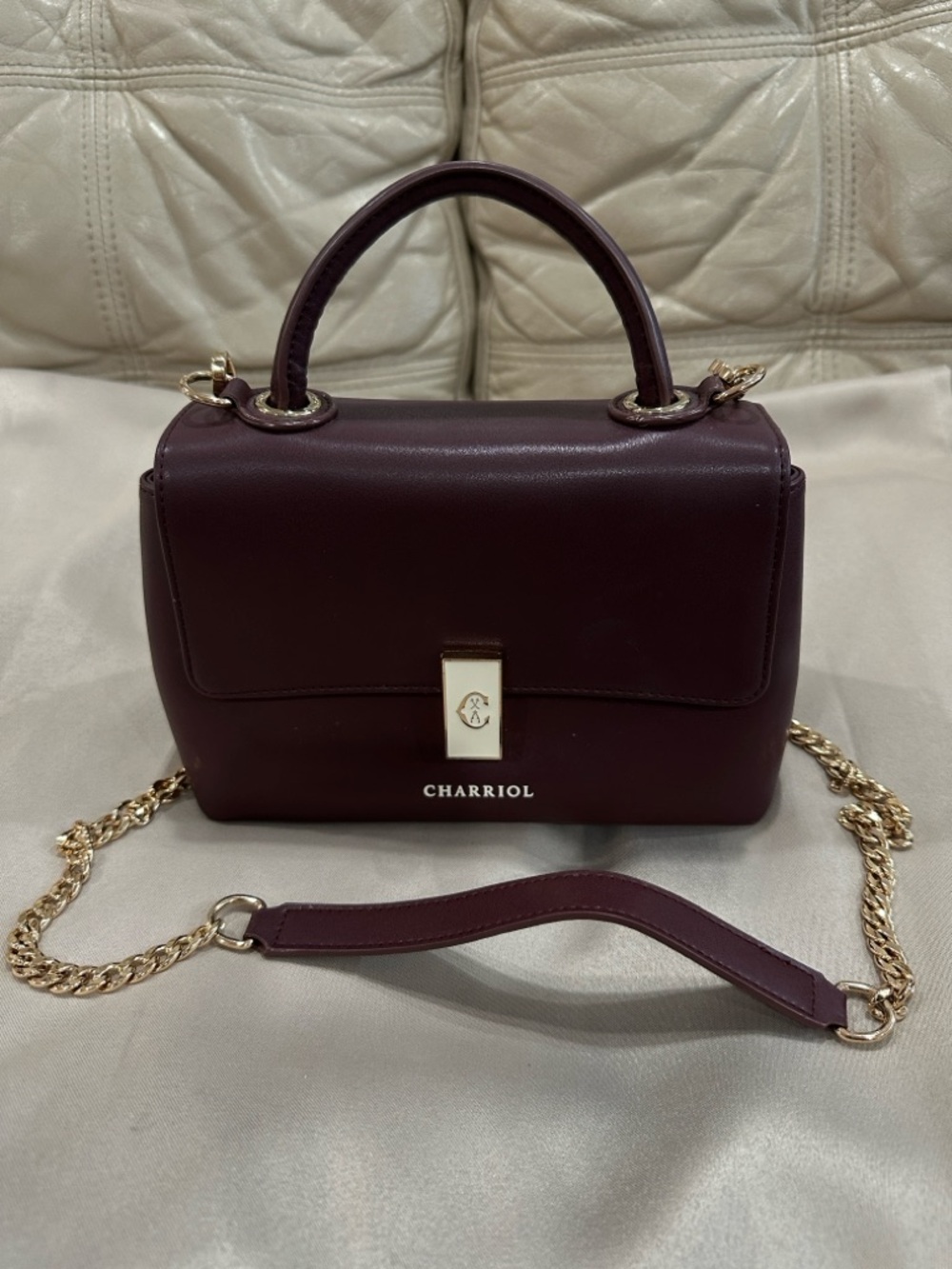 Charriol Burgundy Leather Satchel with Gold Chain Strap - Picture 2 of 15